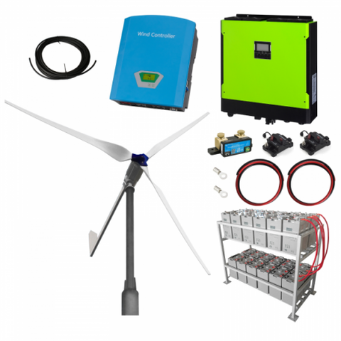 2kW grid-tie wind turbine kit with 5.5kW hybrid inverter and 24kWh battery bank for export of wind power into the grid