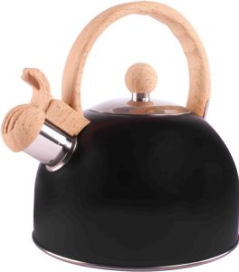 VIA MONDO 1.5L BLACK WHISTLING KETTLE WOOD EFFECT HANDLE Camping Caravan Motorhome